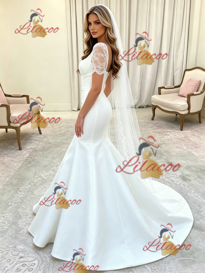 White Mermaid Satin Short Sleeve Lace Wedding Dress