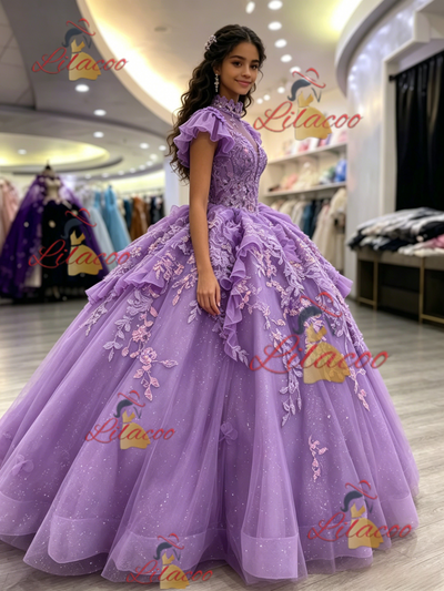 Purple Tulle High Neck Appliques Quinceanera Dress