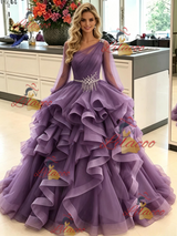 Purple Tulle Long Sleeve Pleats Prom Dress