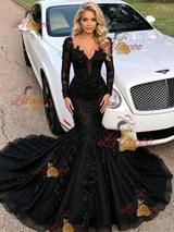 Black Mermaid Long Sleeve V-neck Prom Dress