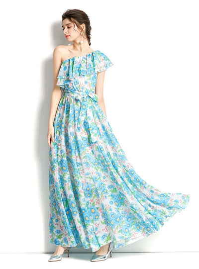 One-shoulder Ruffled Printed Dress