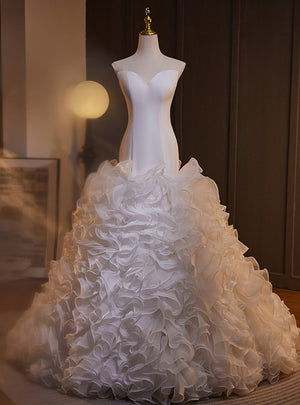 White Mermaid Strapless Tiers Wedding Dress