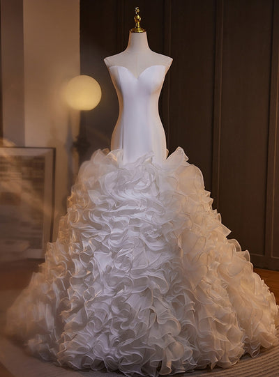 White Mermaid Strapless Tiers Wedding Dress