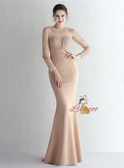 Long Sleeve Mermaid Appliques Prom Dress