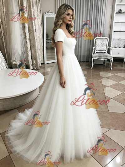 White Tulle Short Sleeve Wedding Dress