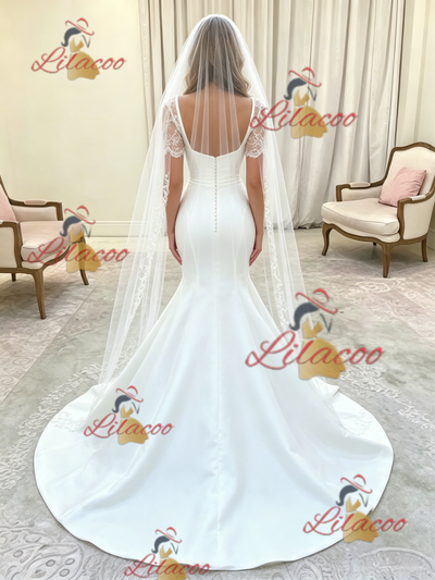 White Mermaid Satin Short Sleeve Lace Wedding Dress