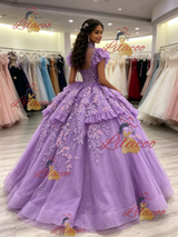 Purple Tulle High Neck Appliques Quinceanera Dress