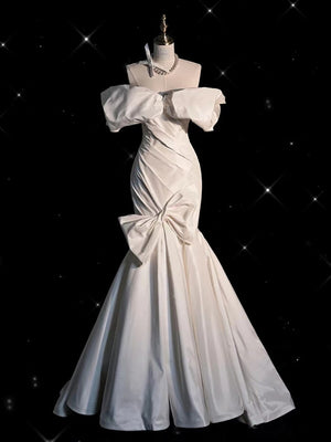 White Mermaid Satin Pleats Wedding Dress With Bow
