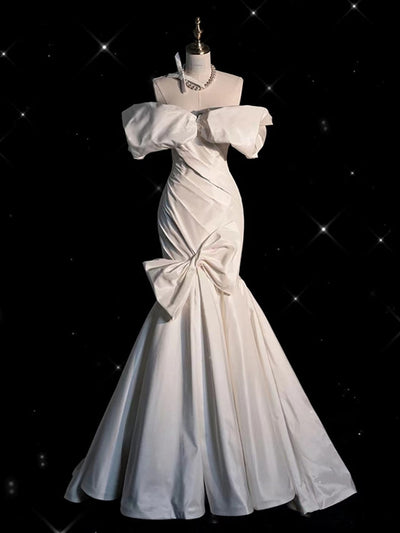 White Mermaid Satin Pleats Wedding Dress With Bow