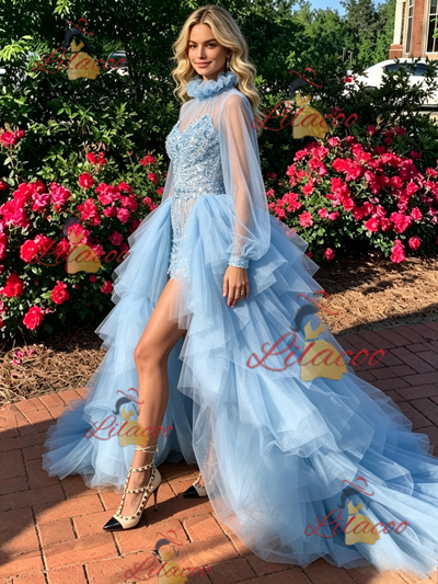 Blue Tulle Long Sleeve Appliques Prom Dress
