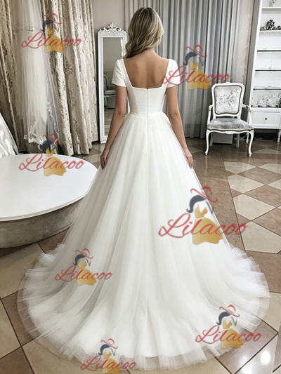 White Tulle Short Sleeve Wedding Dress