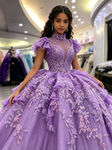 Purple Tulle High Neck Appliques Quinceanera Dress