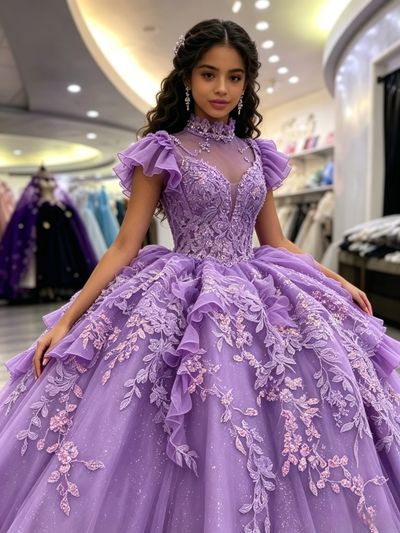 Purple Tulle High Neck Appliques Quinceanera Dress