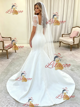 White Mermaid Satin Short Sleeve Lace Wedding Dress