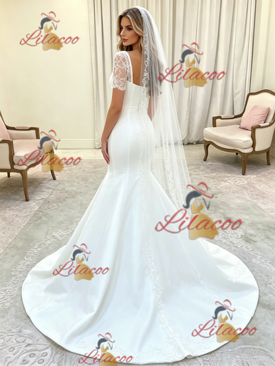 White Mermaid Satin Short Sleeve Lace Wedding Dress