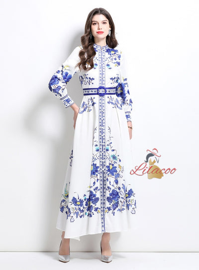 Palace Style Retro Breasted Printed Dress