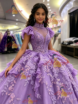 Purple Tulle High Neck Appliques Quinceanera Dress
