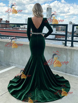 Green Mermaid Velvet V-neck Long Sleeve Prom Dress