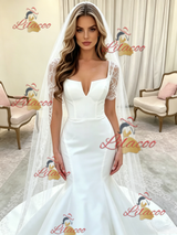 White Mermaid Satin Short Sleeve Lace Wedding Dress