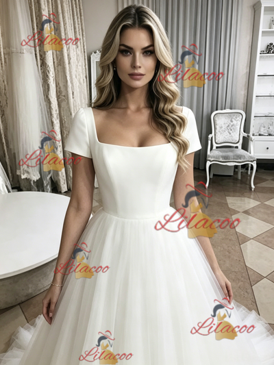 White Tulle Short Sleeve Wedding Dress