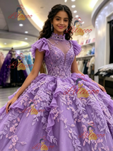Purple Tulle High Neck Appliques Quinceanera Dress