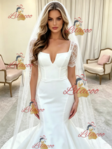 White Mermaid Satin Short Sleeve Lace Wedding Dress