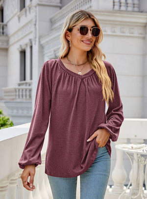 Solid Color Long Sleeve V neck Pleated T-shirt