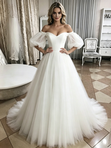 White Tulle Off the Shoulder Puff Sleeve Wedding Dress