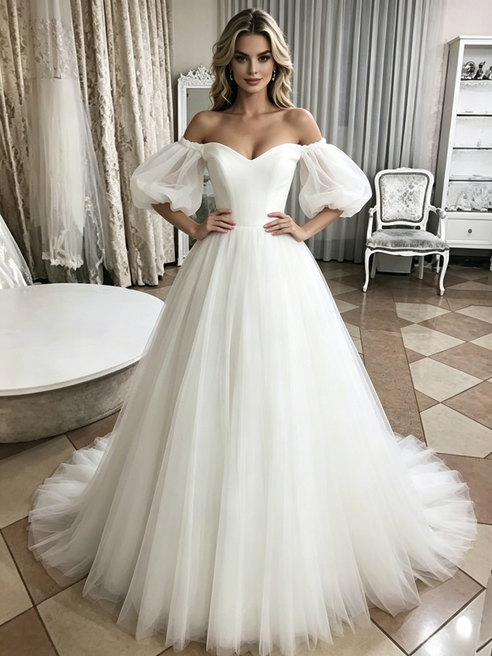 White Tulle Off the Shoulder Puff Sleeve Wedding Dress