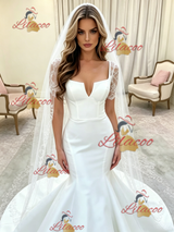 White Mermaid Satin Short Sleeve Lace Wedding Dress