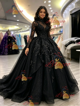 Black Long Sleeve Appliques Quinceanera Dress