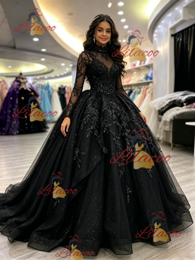 Black Long Sleeve Appliques Quinceanera Dress