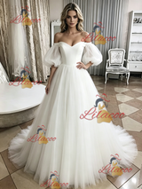 White Tulle Off the Shoulder Puff Sleeve Wedding Dress