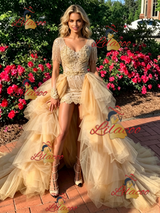 Gold Tulle Long Sleeve Appliques Prom Dress