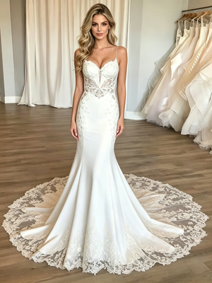 White Mermaid Spaghetti Straps Wedding Dress