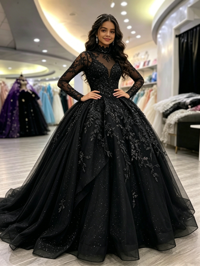 Black Long Sleeve Appliques Quinceanera Dress