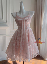 Pink Straps Flower Beading Prom Dress