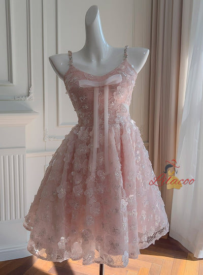 Pink Straps Flower Beading Prom Dress