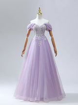 Lavender Tulle Off the Shoulder Sequins Beading Prom Dress