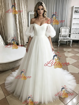 White Tulle Off the Shoulder Puff Sleeve Wedding Dress
