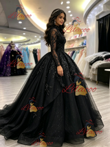 Black Long Sleeve Appliques Quinceanera Dress