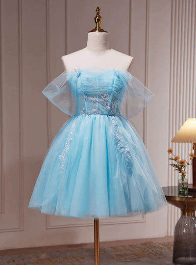 Blue Tulle Pleats Homecoming Dress