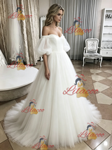 White Tulle Off the Shoulder Puff Sleeve Wedding Dress