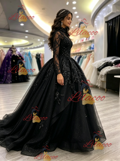 Black Long Sleeve Appliques Quinceanera Dress