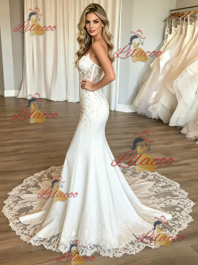 White Mermaid Spaghetti Straps Wedding Dress