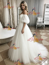 White Tulle Off the Shoulder Puff Sleeve Wedding Dress