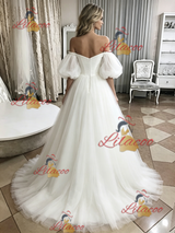White Tulle Off the Shoulder Puff Sleeve Wedding Dress