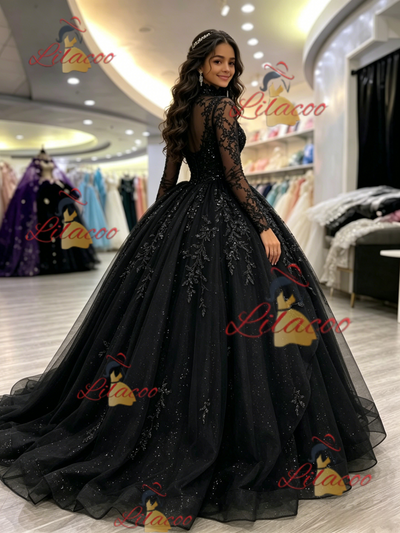 Black Long Sleeve Appliques Quinceanera Dress