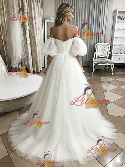 White Tulle Off the Shoulder Puff Sleeve Wedding Dress