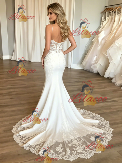 White Mermaid Spaghetti Straps Wedding Dress